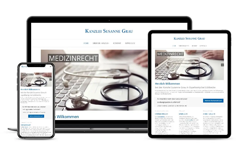 Die Website www.kanzlei-grau.de auf drei Bildschirmen mit unterschiedlichen Auflösungen