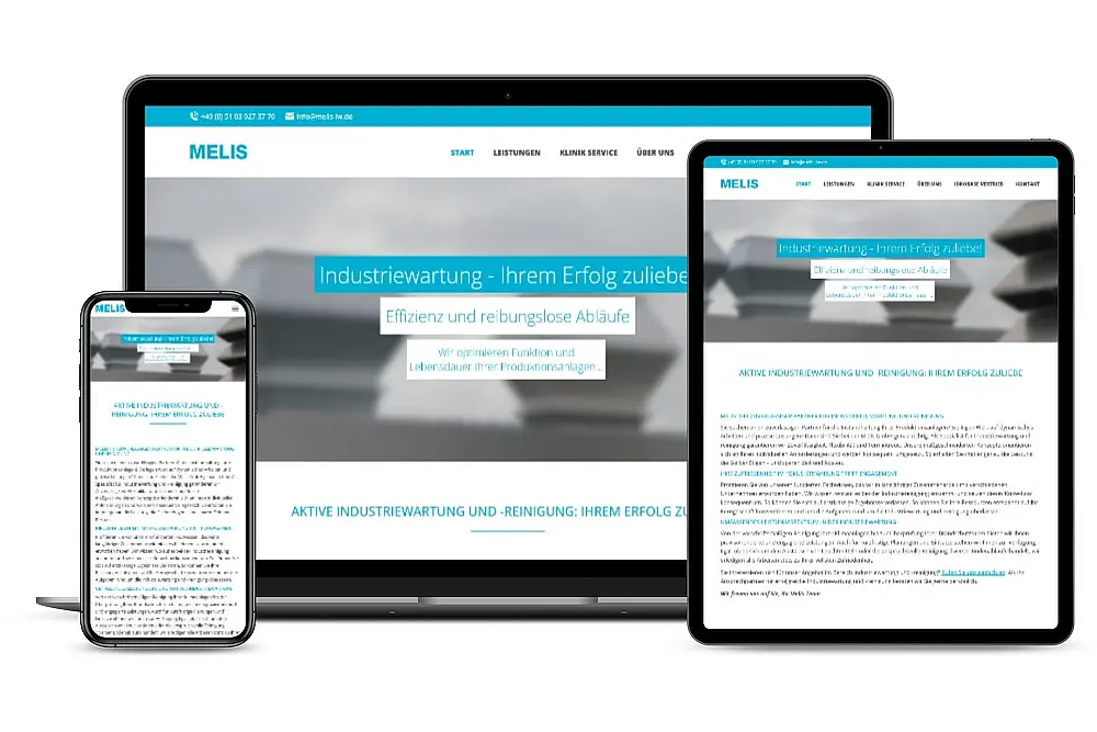 Die Website www.melis-iw.de auf drei Bildschirmen mit unterschiedlichen Auflösungen