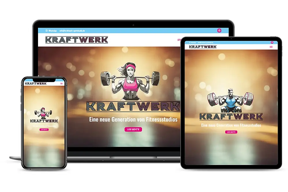 Die Website www.kraftwerk-sportstudio.de auf drei Bildschirmen mit unterschiedlichen Auflösungen